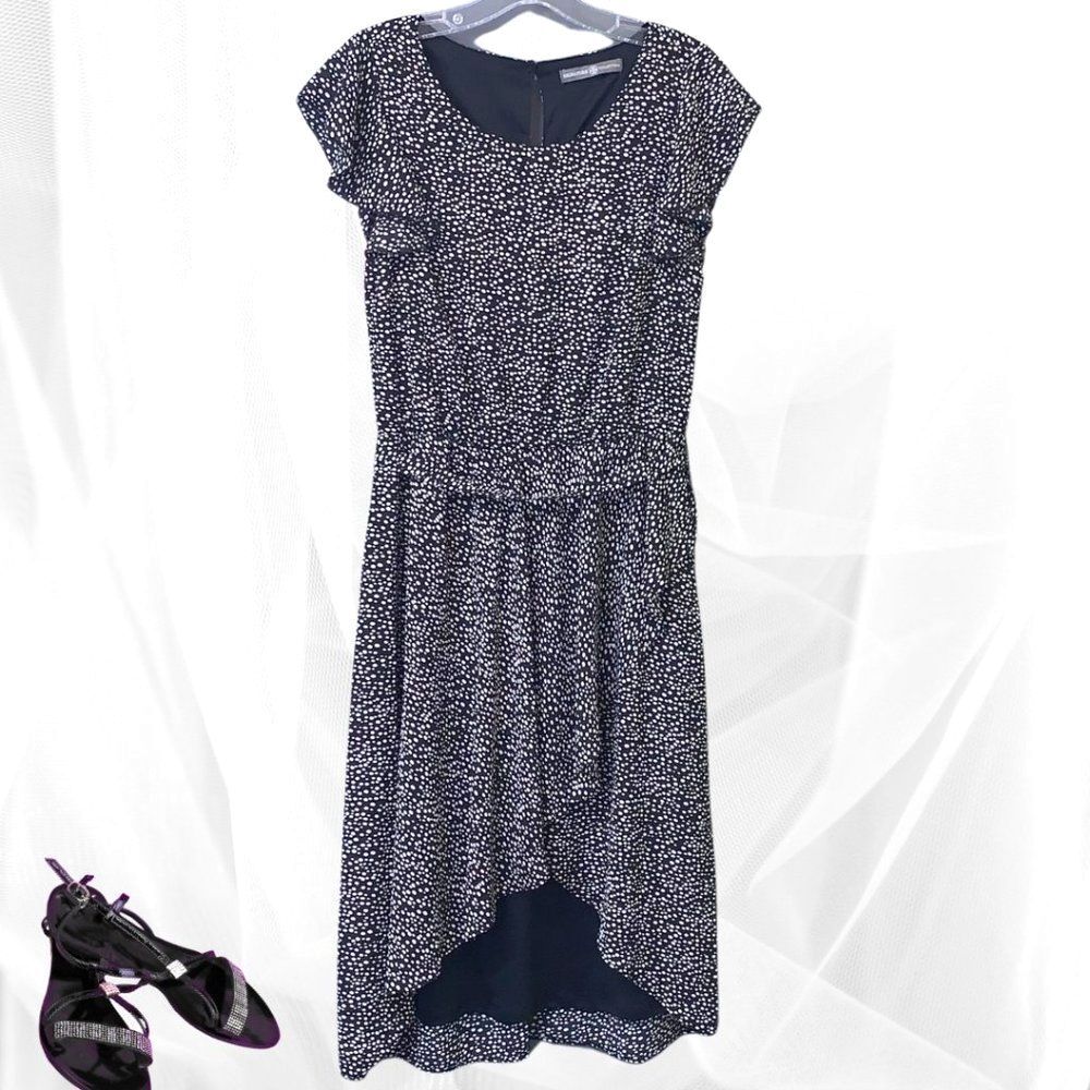 Hi-Low Faux Wrap Midi Dress  Black and White Polka Dot Size PS